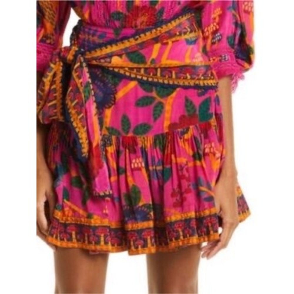 Farm Rio Mini Skirt Pink Tropical Bird Mushroom Print Wrap Tie Tiered Ruffle M